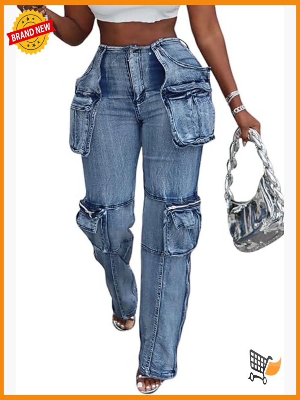 High Waist Cargo Jeans with Side Zip Slit and Multi Pockets - Picture 1 of 6